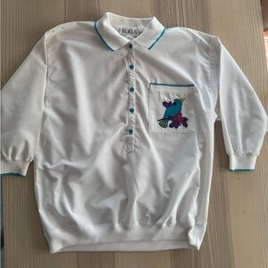 Blast White Polo Top with Teal Trim and Embroidered Bird